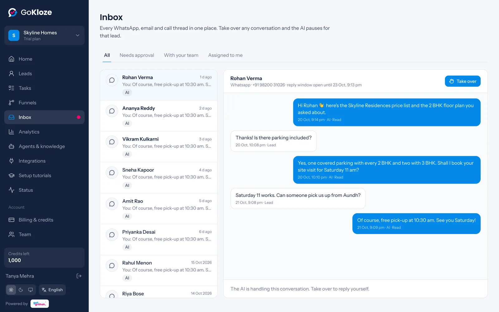 The shared inbox with a WhatsApp conversation handled by the AI